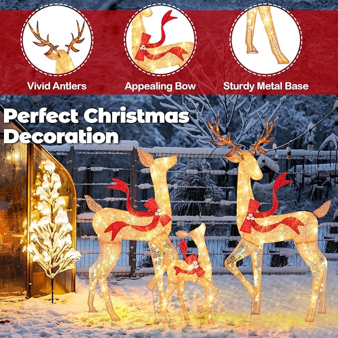Tangkula 3-Piece Lighted Christmas Reindeer Family Set, 6 FT Xmas Lighted Deer Decorations with 440 Warm White LED Lights & Stakes, Indoor & Outdoor Holiday Decor for Front Yards Garden Lawn Patio