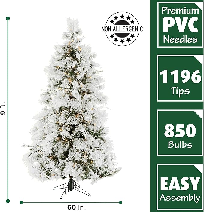 Fraser Hill Farm 9-Ft. Snowy Pine Flocked Artificial Christmas Tree with White Incandescent Smart Lights and Stand, Prelit Foldable Fake Tree with Realistic Snowy Foliage for Home Decoration