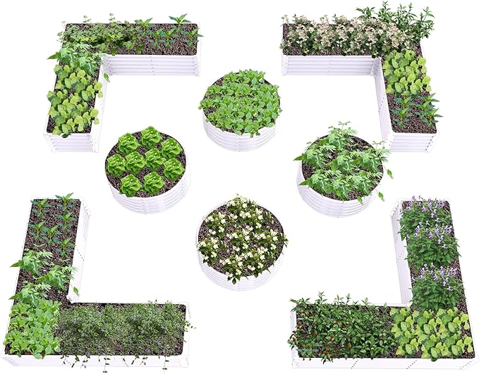 A ANLEOLIFE 8-Pack 4X4X1.5ft & 74x74x18in Deep Root Galvanized Raised Garden Beds Outdoor for Planting Vegetables Flowers Herb, Antique White