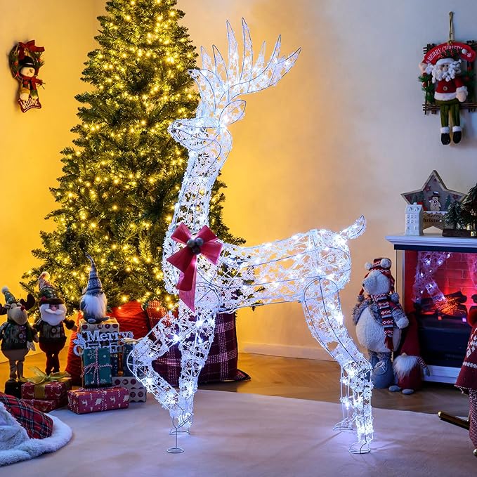 Tangkula 5 FT Lighted Christmas Reindeer, 3D Standing Lighted Buck Deer with LED Lights, Indoor/Outdoor Lighted Holiday Decor for Yards Garden Lawn Patio