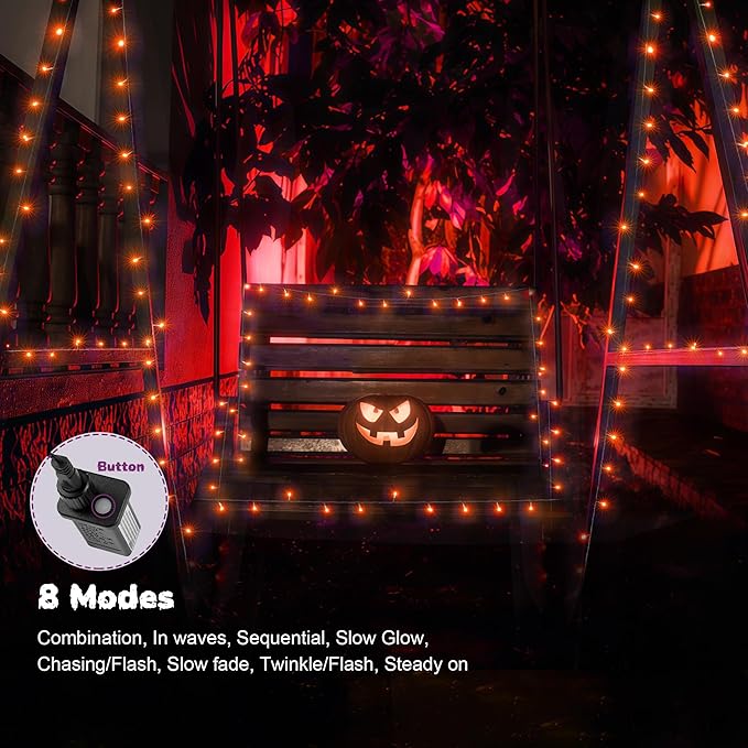 WBao Halloween Lights 300LED 108ft, Super Bright LED Orange String Lights with UL Certified, 8 Lighting Modes, Timer, Connectable, Memory & Waterproof for Indoor Outdoor Halloween Decor