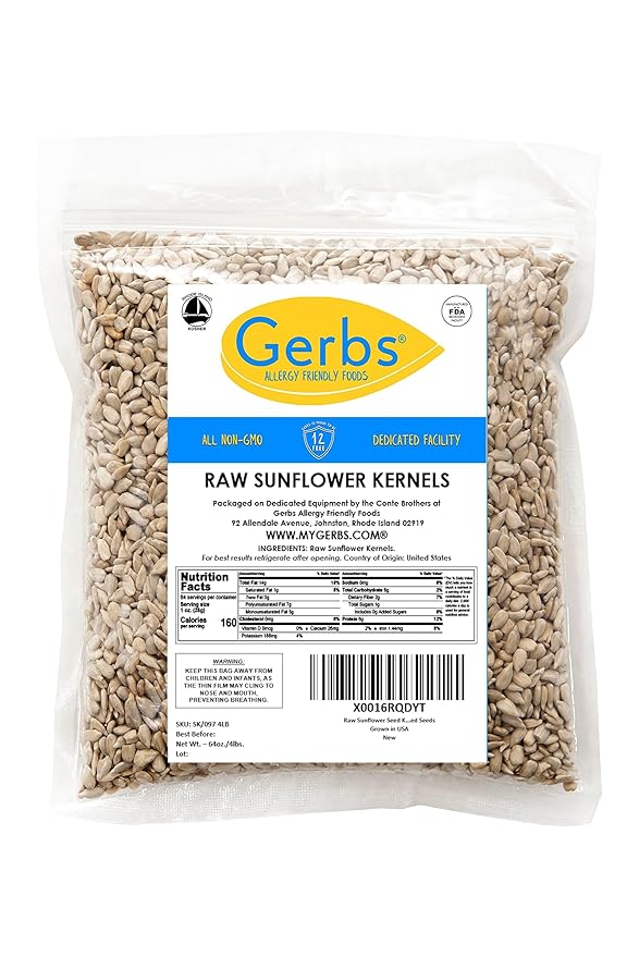 Gerbs Raw Sunflower Seed Kernels 4 lbs. | No Additives, Resealable Bag | Mild & Crunchy | Top 14 Allergen-Free
