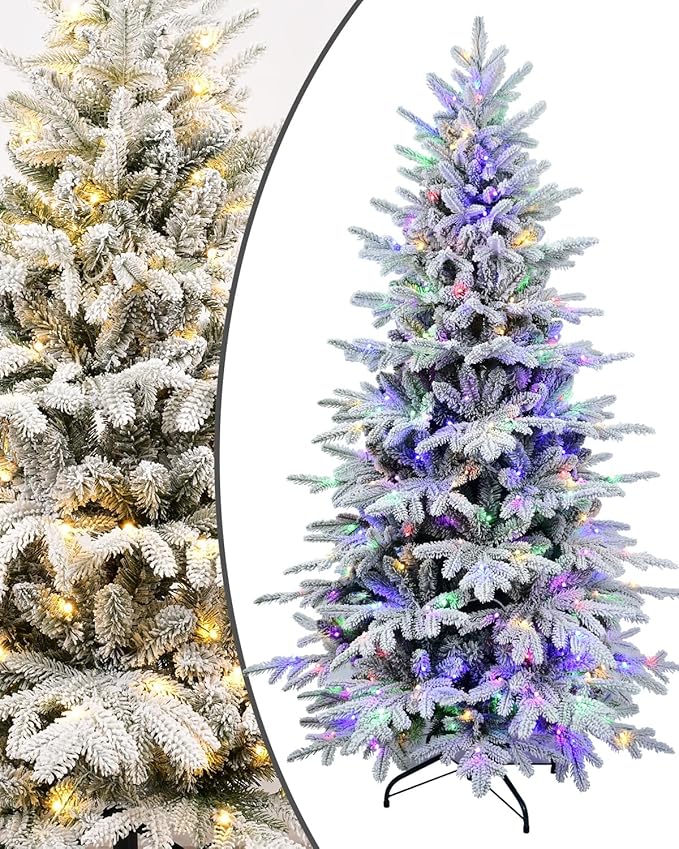 Artificial Christmas Tree with Lights - Leheyhey 6ft Flocked Christmas Tree Prelit - Halloween Xmas Tree for Home Office Store, Holiday Decoration - 1582 PE & PVC Mixed Branch Tips