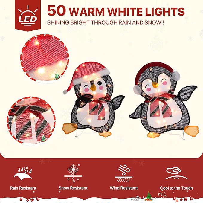 GENIMO 2-Piece 2D Penguin Outdoor Christmas Decorations, 50 Lights Penguin, Pre-Lit Clear Light Up Decor for Holiday Outside Indoor Home Lawn Yard Garden Patio with Scarf Stakes Zip Ties(23.5 in)