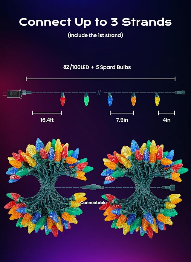 C9 Christmas Lights Outdoor, 66 FT 100 LED Connectable C9 String Lights with 8 Modes and Timer Extendable Xmas Tree Patio Roofline Garden Yard Holiday Party Indoor Outdoor Decoration, Multicolor