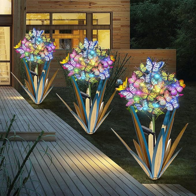 Homight Solar Metal Agave Butterfly Flower Stick Garden Sculpture - Outdoor Christmas Lights With Swaying Butterfly Sunflower - Solar Outdoor Gift (3 PCS Blue)
