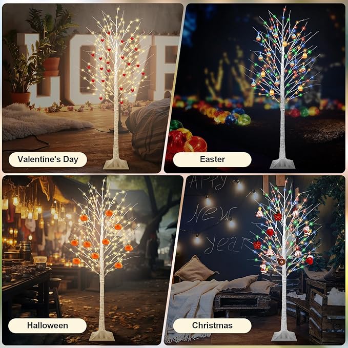 7FT Lighted Birch Tree with 170 LED Warm White and Multicolor Lights, 8 Modes, Timer Remote Faux Light Up Twig Christmas Tree for Indoor Outdoor Xmas Holiday Party Garden Decoration (2 Pack)