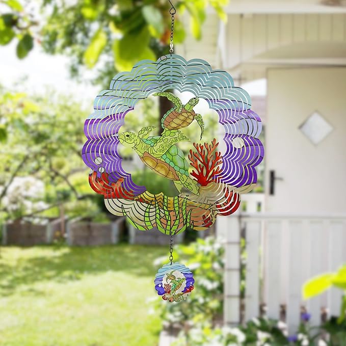 Turtle 3D Wind Spinner Kinetic Metal Art Hanging Wind Spinner Outdoor Decoration Ocean Ornaments Decor for Yard and Garden
