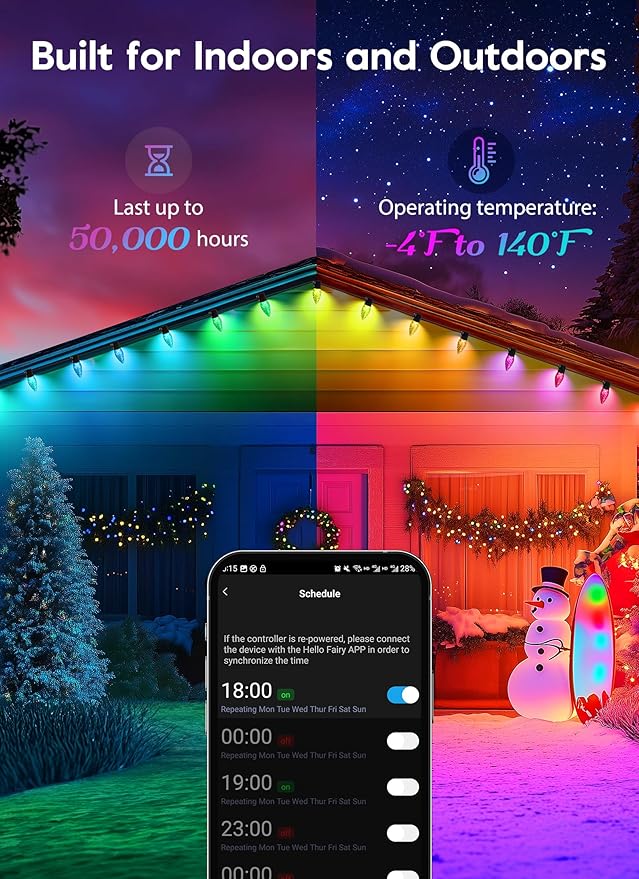 Brightown C9 LED Christmas Lights Outdoor, 200LED RGB Smart Christmas Tree Lights Music Sync DIY APP Controlled, Waterproof Connectable C9 String Lights for House Indoor Patio Xmas Decoration