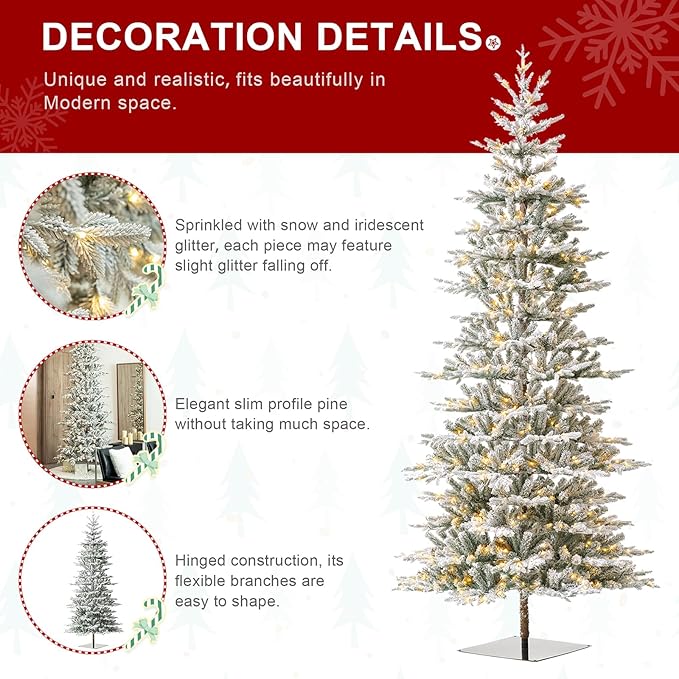Glitzhome 10ft Deluxe Pre-Lit Flocked Artificial Christmas Tree, Majestic Frostfall Fir Hinged Holiday Xmas Tree with 700 Warm White Lights, Three Function, Easy Assembly