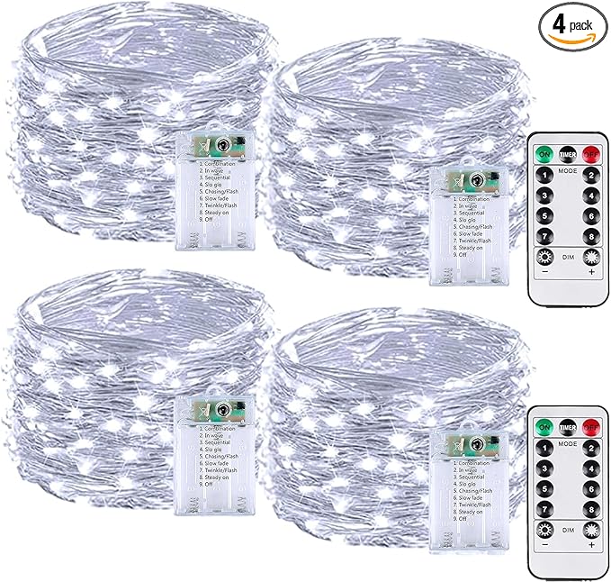4 Pack 60LED Christmas Battery Operated Fairy Lights with Remote, 8 Modes String Lights with Timer, Dimmable, Memory Function, Waterproof Twinkle Lights for Outdoor Indoor Christmas Decor(Cool White)