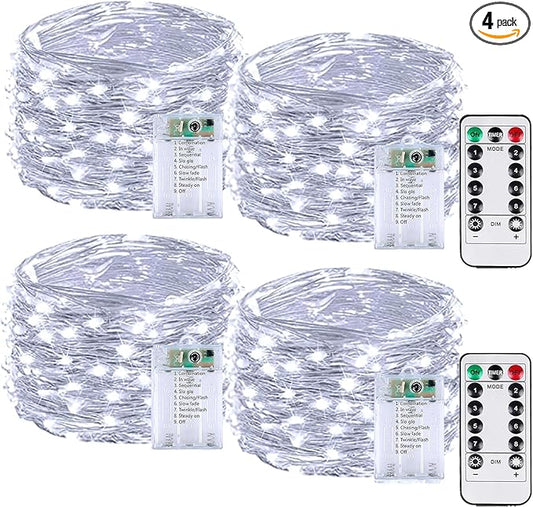 4 Pack 60LED Christmas Battery Operated Fairy Lights with Remote, 8 Modes String Lights with Timer, Dimmable, Memory Function, Waterproof Twinkle Lights for Outdoor Indoor Christmas Decor(Cool White)