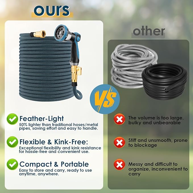Non-Expanding Garden Hose 100 ft, Flexible Water Hose with 10 Function Spray Nozzle, Lightweight Hose Pipe, Leak-Proof, Durable, Kink-Resistant, 3/4 Inch Connector, Portable Storage Strap