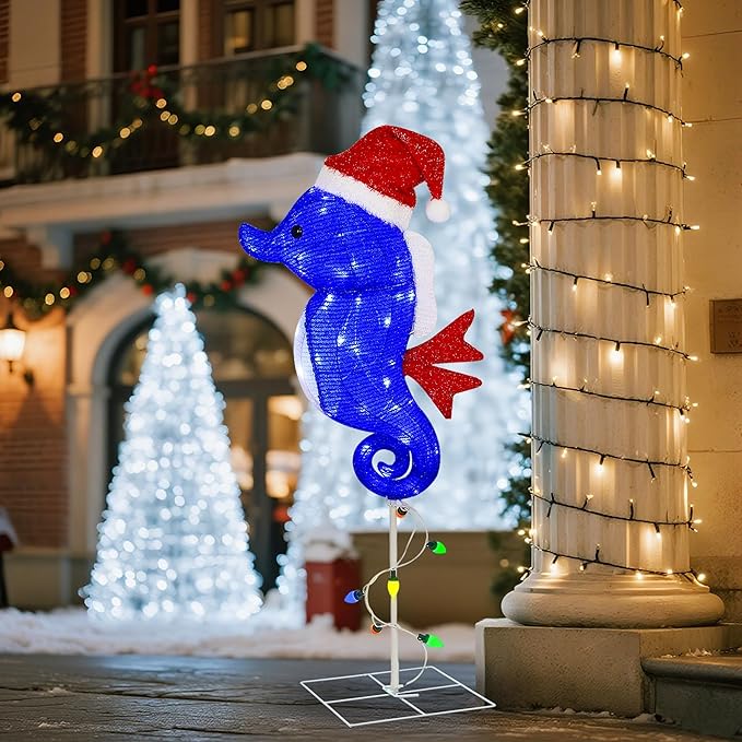 Prsildan Outdoor Christmas Decorations – 40 Inch Colorful LED Seahorse Yard Decor with Santa Hats, Lighted Holiday Lawn Stakes for Porch, Garden, Pathway, Seahorse Figures Xmas Decor (Blue)