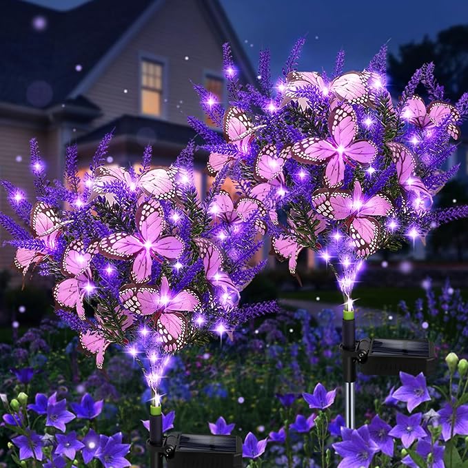 Kohlrabi Solar Garden Lights Outdoor, 2 Pack Purple Lavender Solar Butterfly Lights Gardening Gifts for Women,Artificial Flower with Butterfly Purple Garden Decor for Lawn Patio