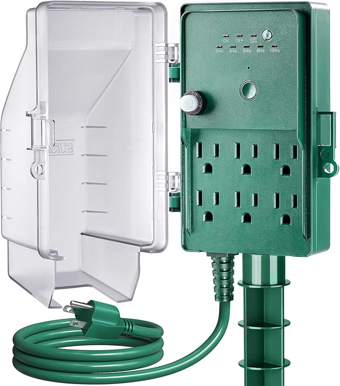 SURAIELEC Outdoor Power Stake Light Timer, Dusk to Dawn, 6 Electrical Outlet Power Strip Weatherproof, 6FT Extension Cord for Patio Lights, Sprinkler, Garden, Christmas Decorations, ETL Listed