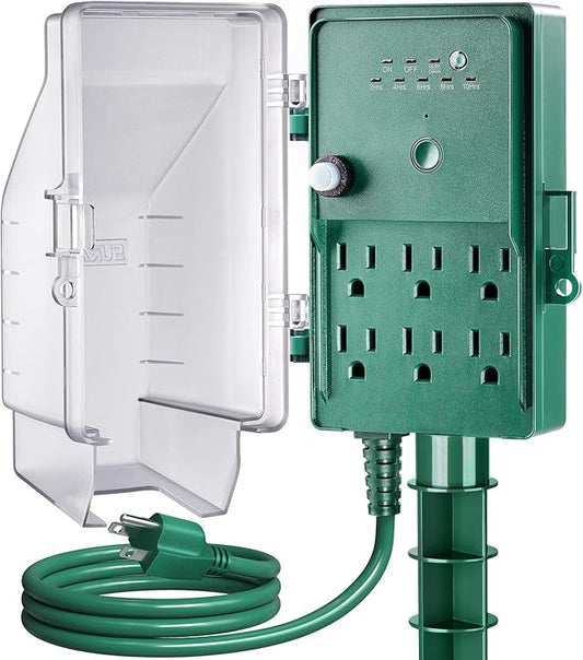 SURAIELEC Outdoor Power Stake Light Timer, Dusk to Dawn, 6 Electrical Outlet Power Strip Weatherproof, 6FT Extension Cord for Patio Lights, Sprinkler, Garden, Christmas Decorations, ETL Listed