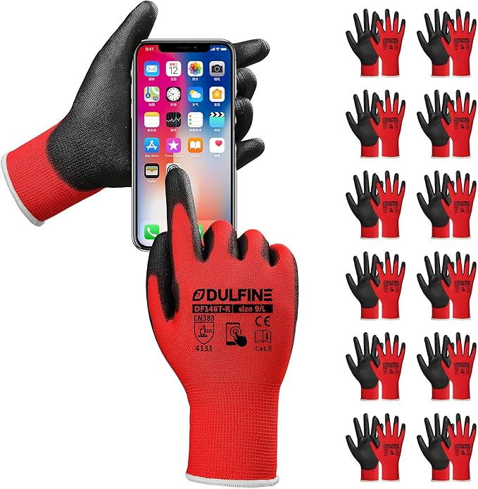 DULFINE Safety Work Gloves PU Coated for Men and Women-12 Pairs,Red Seamless Knit Glove with Two Fingers Touchscreen,Ideal for General Duty Work (Large)