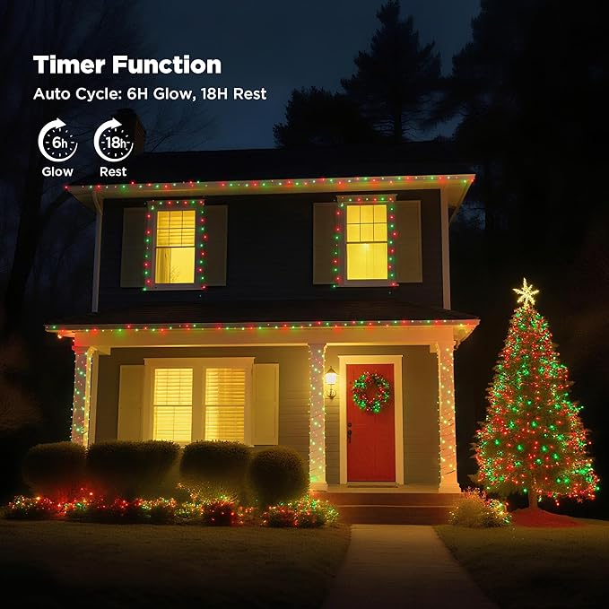 WBao Christmas Lights Indoor Outdoor 500LED 174ft, Super Bright LED Christmas String Lights with UL Certified, 8 Lighting Modes, Timer, Memory & Waterproof for Trees, Patio, Party Decor, Red Green