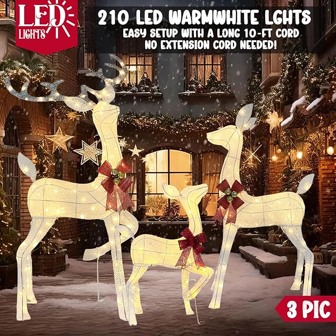 55" Outdoor Lighted Reindeer Christmas Decorations, 3-Piece Reindeer Family Set with 240 LEDs, Bells, Red Bows, Durable Weatherproof Metal Frame for Yard, Garden, Indoor Holiday Decor, White