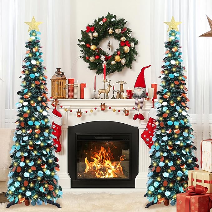 HMASYO 5 FT Pop Up Christmas Tree with Timer Lights, Blue Christmas Tinsel Tree, Collapsible Artificial Pencil Christmas Tree for Indoor Home Apartment Porch Holiday Party Decorations