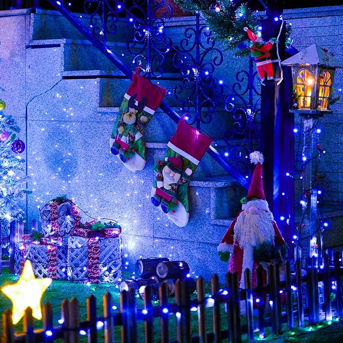 JMEXSUSS 250 LED Blue Halloween Lights: 91.5ft Extendable Green Wire Blue Christmas Lights Indoor Outdoor Waterproof with 8 Modes for Christmas Tree, Garden, Patio, Party, Holiday Decorations