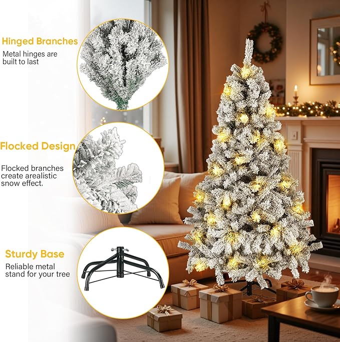 Northroad 5ft Pre-lit Flocked Christmas Tree with Incandescent Warm White Lights, Artificial Xmas Tree W/500 Branch Tips, 200 Lights & Foldable Stand