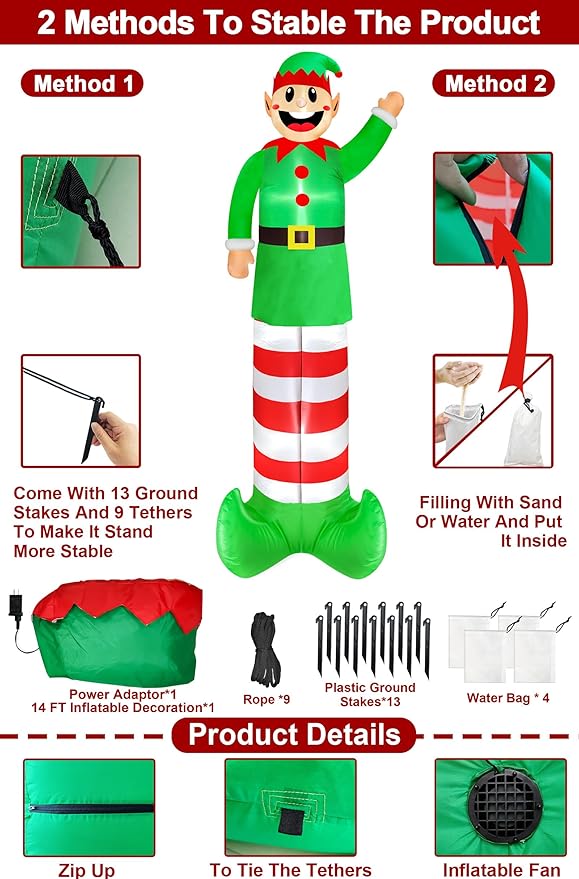 14 Ft Super Tall Christmas Inflatable Elf, Christmas Inflatables Decoration Outdoor Blow Up Giant Santa Elf with Built-in LED Lights Inflatable Christmas Decoration for Yard Outside Garden Lawn