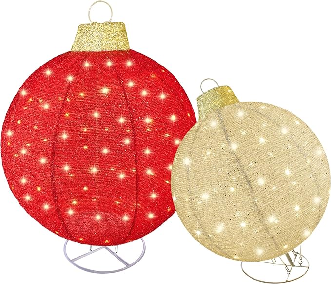 HOYECHI 2pc Lighted Pop-Up Outdoor Christmas Ornament Set – Holiday Ball Decorations with 200 LED Lights, 8 Lighting Modes, for Yard & Outdoor Christmas Decor - Red/Gold