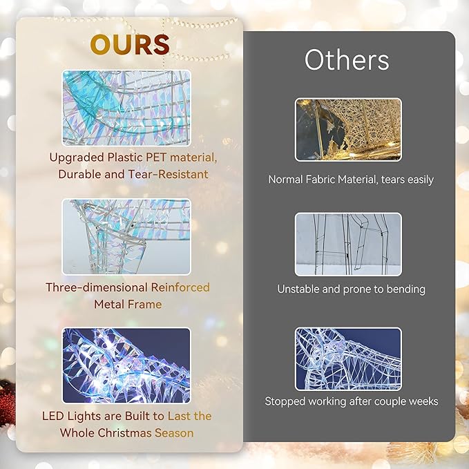 3-Piece Iridescent Christmas Deer Outdoor Decorations, 4.5ft Reindeer Family Set Outdoor Lighted Display with 350 LEDs, 2025 Upgraded Rattan, Stakes & Zip Ties for Long-Lasting Yard Garden Decor