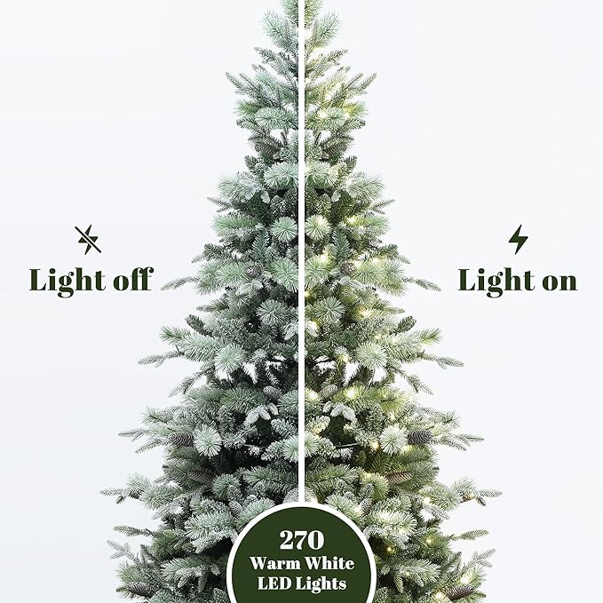 LuxenHome 6.5FT Prelit Christmas Tree with Lights, Green Flocked Artificial Christmas Tree with Pine Cone, 270 LED Lights, 952 PE+PVC Branch Tips, Prelit Pine Tree Indoor, Outdoor Holiday Décor