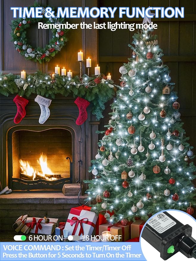 Voice Controlled Smart Christmas Lights Outdoor, 75.8ft 200 LED Extendable String Lights with 7 Voice Commands, 12 Modes & Timer, Waterproof Christmas Decorations for Party Tree Garden (Cool White)