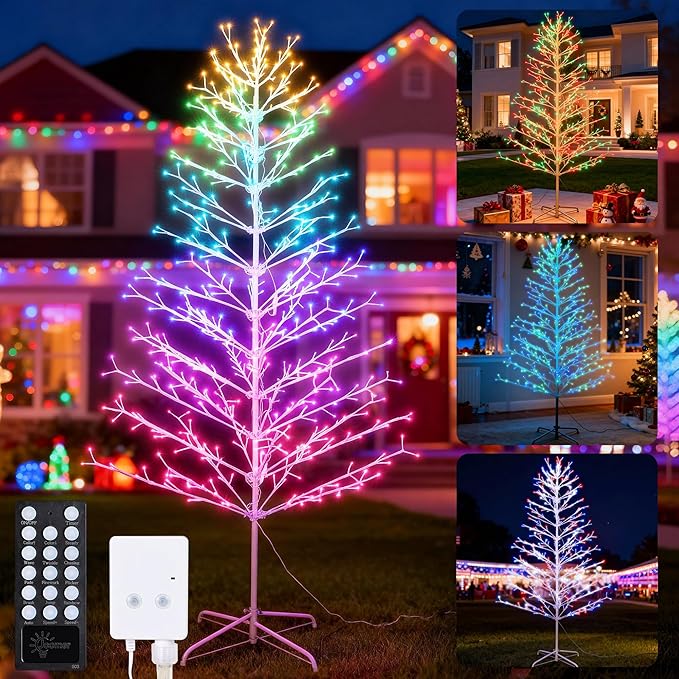 Joomer Christmas Tree Light Outdoor,7.6FT 540 LED Artificial Collapsible Birch Tree Lights with Remote Control Timer RGB Lights for Christmas Decoration
