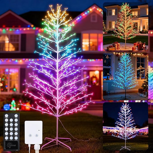 Joomer Christmas Tree Light Outdoor,7.6FT 540 LED Artificial Collapsible Birch Tree Lights with Remote Control Timer RGB Lights for Christmas Decoration