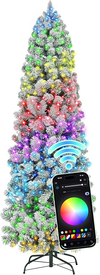 HOLLO STAR 6 ft Flocked Prelit Christmas Tree with 250 LED Lights, App Control, Skinny Artificial Pencil Christmas Tree, Multi-Color RGBW Lights, 770 Branch Tips, for Small Space, Home, Party