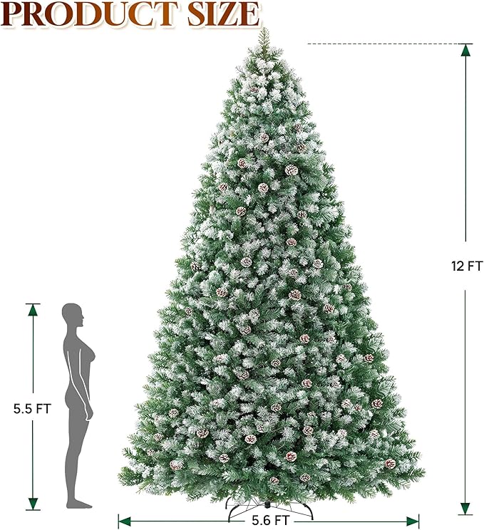 HOLLO STAR 12 ft Prelit Christmas Tree with 904 LED Lights, App Control, Artificial Christmas Tree, Multi-Color RGBW Lights, 3885 Flocked Frosted Tips, 152 Pine Cones, Metal Base, for Home, Party
