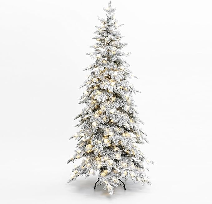 LuxenHome 6FT Flocked Christmas Tree with Lights, Downswept Slim Prelit Christmas Tree with 300 Adjustable LED Globe Lights, 920 PE+PVC Tips, Lighted Xmas Trees for Holiday Decoration