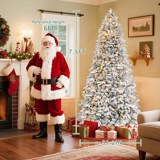 Rotating Flocked Christmas Tree 7.5ft - Prelit Musical Artificial Xtmas Tree with Remote Control, 1470 PE & PVC Mixed Tips, 8 Modes 470 Multicolor LED Lights for Holiday Decor