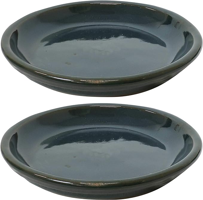 Sunnydaze 7-Inch Ceramic Plant Saucers - Plant Drip Trays for Outdoor Planter Flower Pot Drainage - Set of 2 - Forest Lake Green