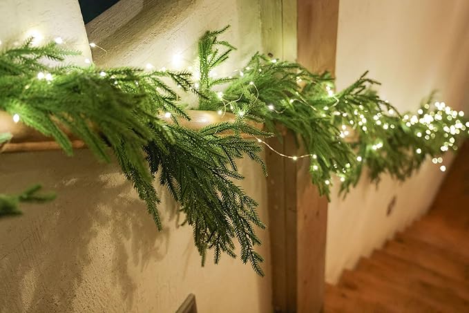 MISSPIN 9ft Christmas Garland with LED Lights, Real Touch Norfolk Pine Garland, Green Artificial Greenery Garland for Table, Mantle, String Light, Wall, Indoor, Outdoor Christmas Decorations