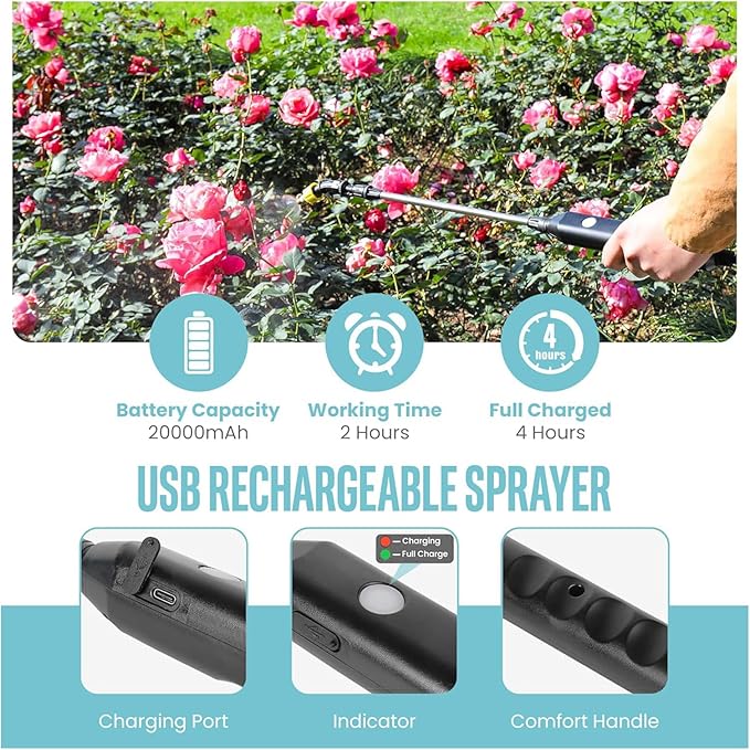 2025 Upgraded Electric Garden Sprayer | 5L/1.35Gal Battery-Powered Sprayer w/ 3 Nozzles, Leak-Proof Design & Adjustable Strap | Type-C Rechargeable for Lawn, Garden, Yard (Light Blue)