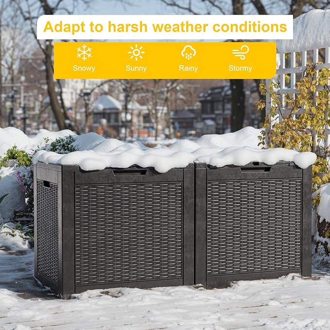 31 Gallon Waterproof Outdoor Resin Deck Box with Lockable Lid, Stylish Wicker Pattern, Easy Assembly Features and Convenient Handles For Patio Cushion, and other Patio Furniture (Black)