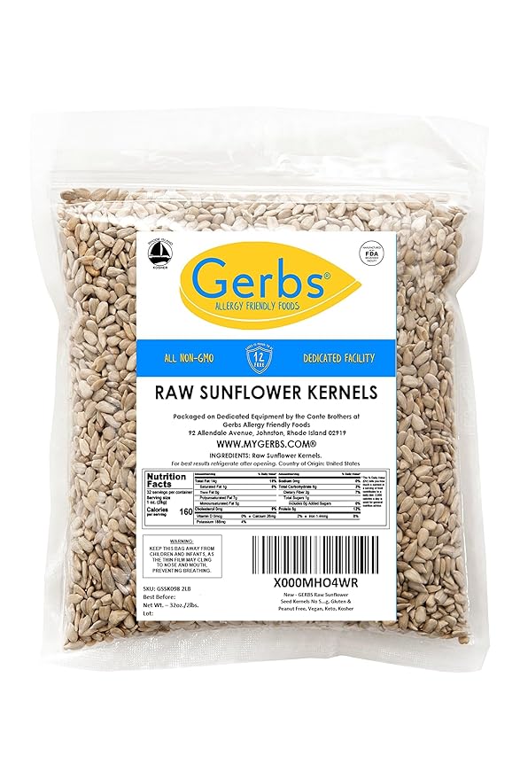 Raw Sunflower Seed Kernels by Gerbs – 2 LBS - Top 11 Food Allergen Free & Non GMO - Vegan & Kosher - Seed Country of Origin USA – Premium Grade Shelled Sunflower