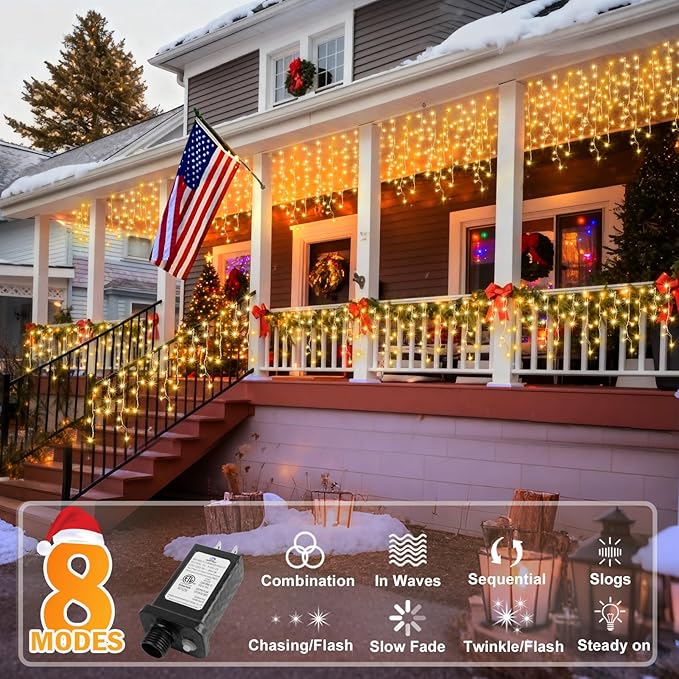 KNONEW Christmas Lights Outdoor Decorations 400 LED 33ft 8 Modes Curtain Fairy String Light with 75 Drops, Clear Wire LED String Light Indoor Decor for Wedding Party Christmas Decorations Warm White