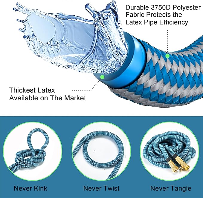 Expandable Garden Hose 100 ft with 10 Function Nozzle Sprayer, Lightweight Flexible Water Hose with Durable Collapsible Latex Core & Solid Brass Fittings, 100ft Retractable Stretch Hose, Blue & White
