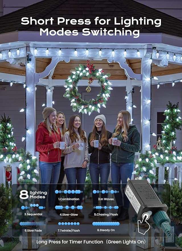 C9 Christmas Lights Outdoor, 66 FT 100 LED Connectable C9 String Lights with 8 Modes and Timer Extendable Xmas Tree Patio Roofline Garden Yard Holiday Party Indoor Outdoor Decoration, White