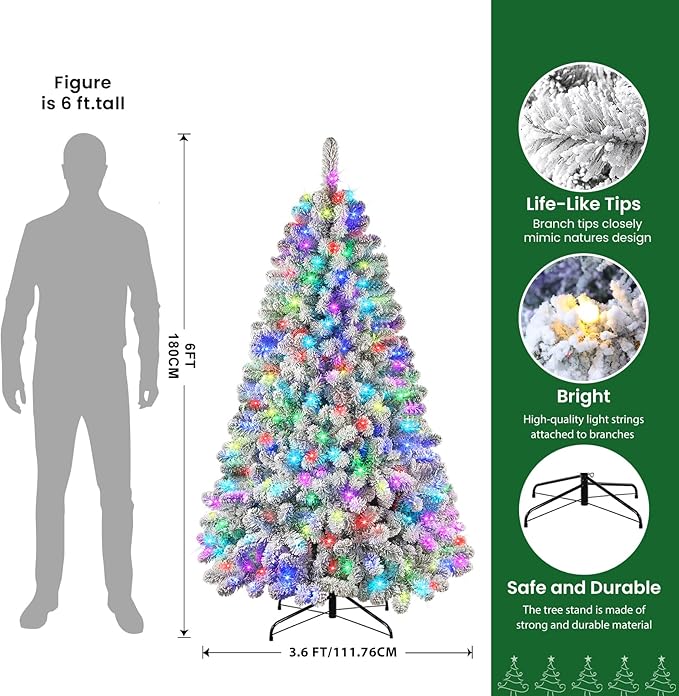 SHareconn 6ft Prelit Snow Flocked Spruce Artificial Christmas Tree with Remote (2025 Upgraded), 330 Pre-Lit Multi-Color RGB Lights, Full Snow Branch Tips for Home, Office, Xmas Decoration, 6 FT