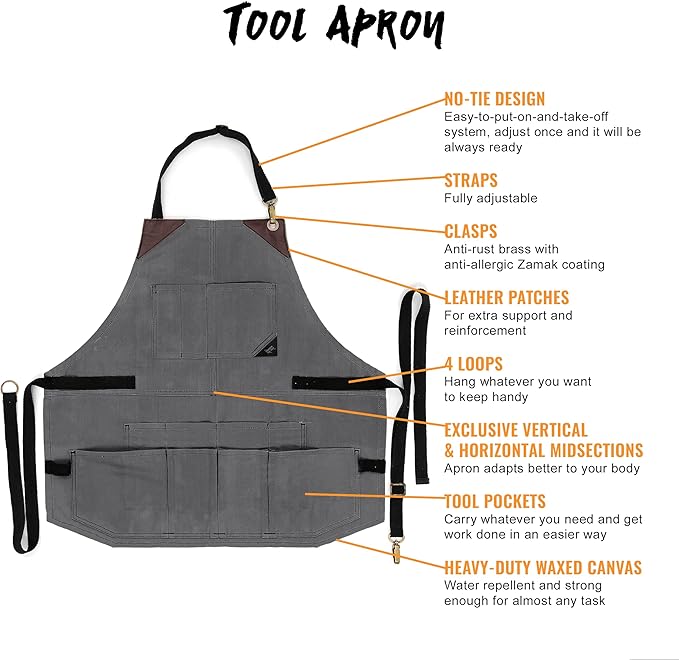 Under NY Sky Tool Gray Apron – Heavy-Duty Waxed Canvas, Leather Reinforcement, Extra Pockets – Adjustable for Men and Women – Pro Mechanic, Woodworker, Blacksmith, Plumber, Electrician, Welder Aprons