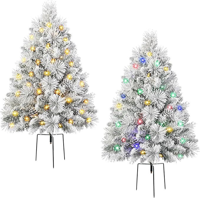 Set of 2 24.5 Inch Lighted Flocked Outdoor Christmas Tree with Multi-Color Lights, Timer, Battery Operated Pre-lit Scotch Pine Pathway Urn Filler with Pine Cones for Pathway & Porch& Yard Decorations