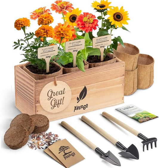 Sunflower, Marigold & Zinnia Flower Seeds Growing Kit – Complete Indoor & Outdoor Kit with Seeds for Planting, Planters, Soil, Tools, Instructions – Ideal for Gift Giving